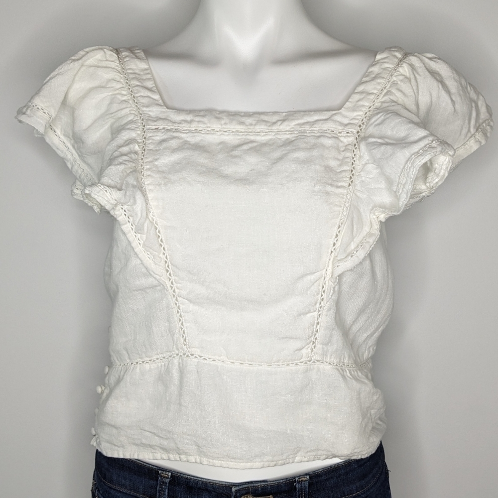 Faherty Mariposa white ruffle cap sleeve square neck linen top XS